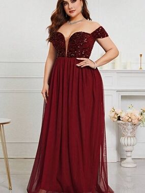 Sequin Off-Shoulder Burgundy Maxi Dress